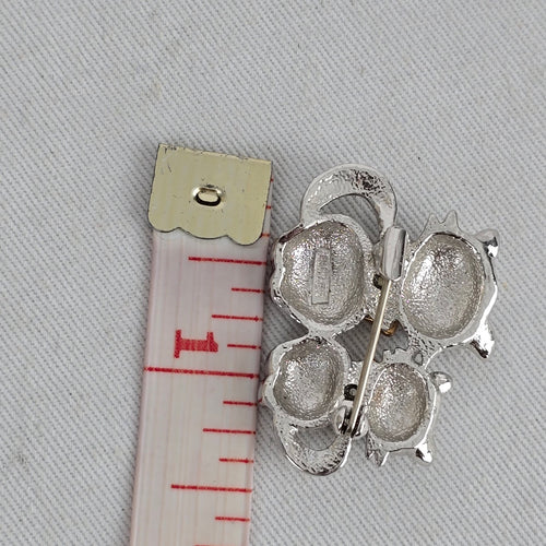 Vintage Butler Silver Tone Rhinestone Double Cat Brooch Pin with Enamel Bows