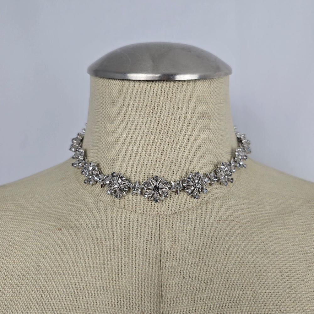 Vintage Silver Tone Rhinestone Floral Star Choker Necklace