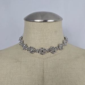 Vintage Silver Tone Rhinestone Floral Star Choker Necklace