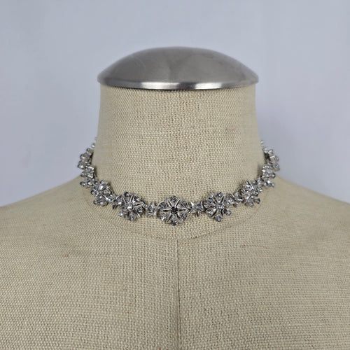 Vintage Silver Tone Rhinestone Floral Star Choker Necklace