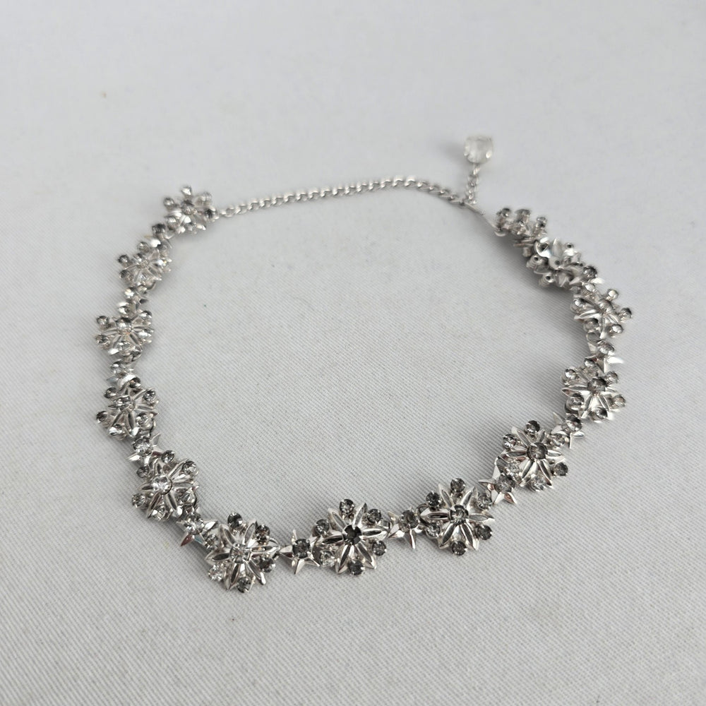 Vintage Silver Tone Rhinestone Floral Star Choker Necklace