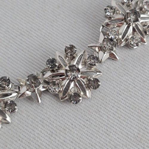 Vintage Silver Tone Rhinestone Floral Star Choker Necklace