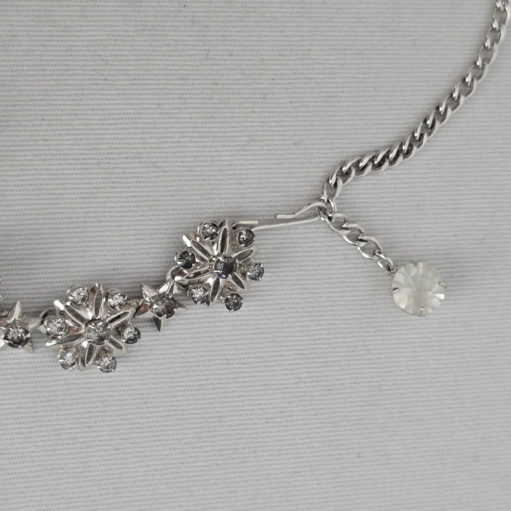 Vintage Silver Tone Rhinestone Floral Star Choker Necklace