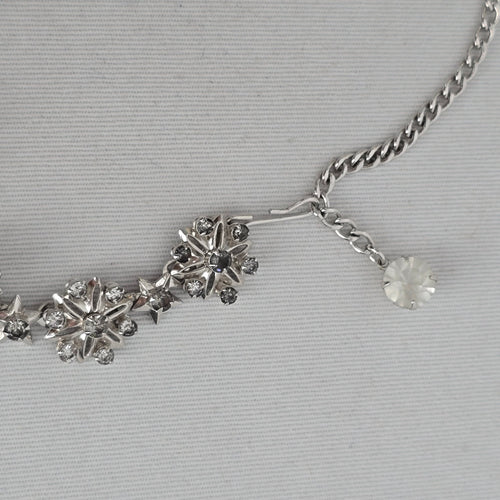 Vintage Silver Tone Rhinestone Floral Star Choker Necklace