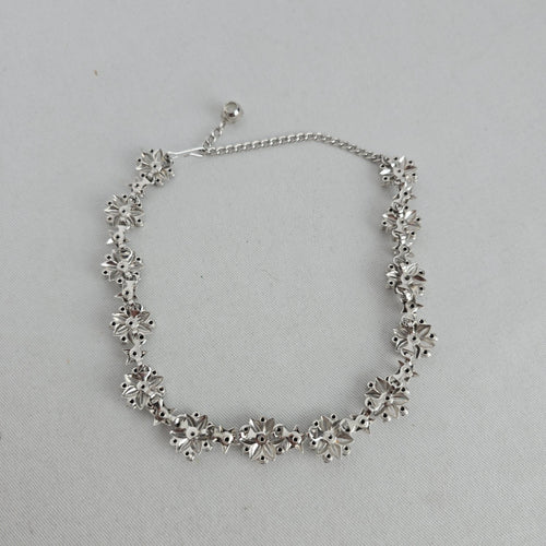 Vintage Silver Tone Rhinestone Floral Star Choker Necklace