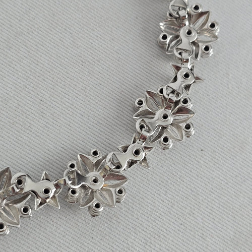 Vintage Silver Tone Rhinestone Floral Star Choker Necklace