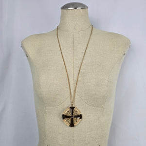 Vintage Gold Tone Black Enamel Geometric Cross Medallion Pendant Necklace