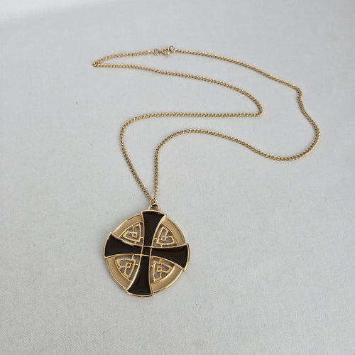 Vintage Gold Tone Black Enamel Geometric Cross Medallion Pendant Necklace