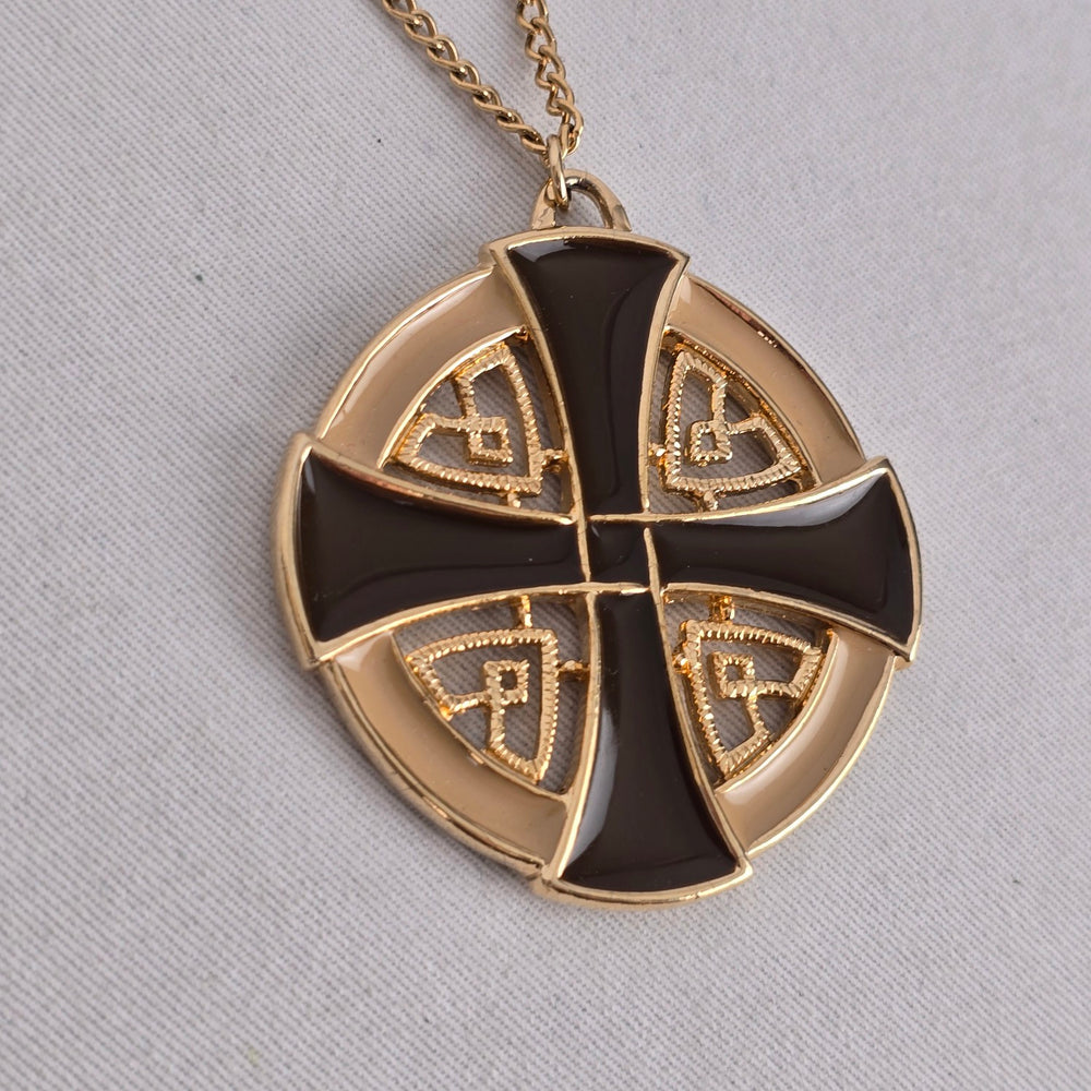 Vintage Gold Tone Black Enamel Geometric Cross Medallion Pendant Necklace