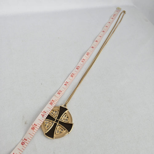 Vintage Gold Tone Black Enamel Geometric Cross Medallion Pendant Necklace