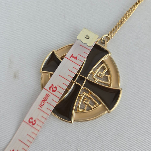 Vintage Gold Tone Black Enamel Geometric Cross Medallion Pendant Necklace