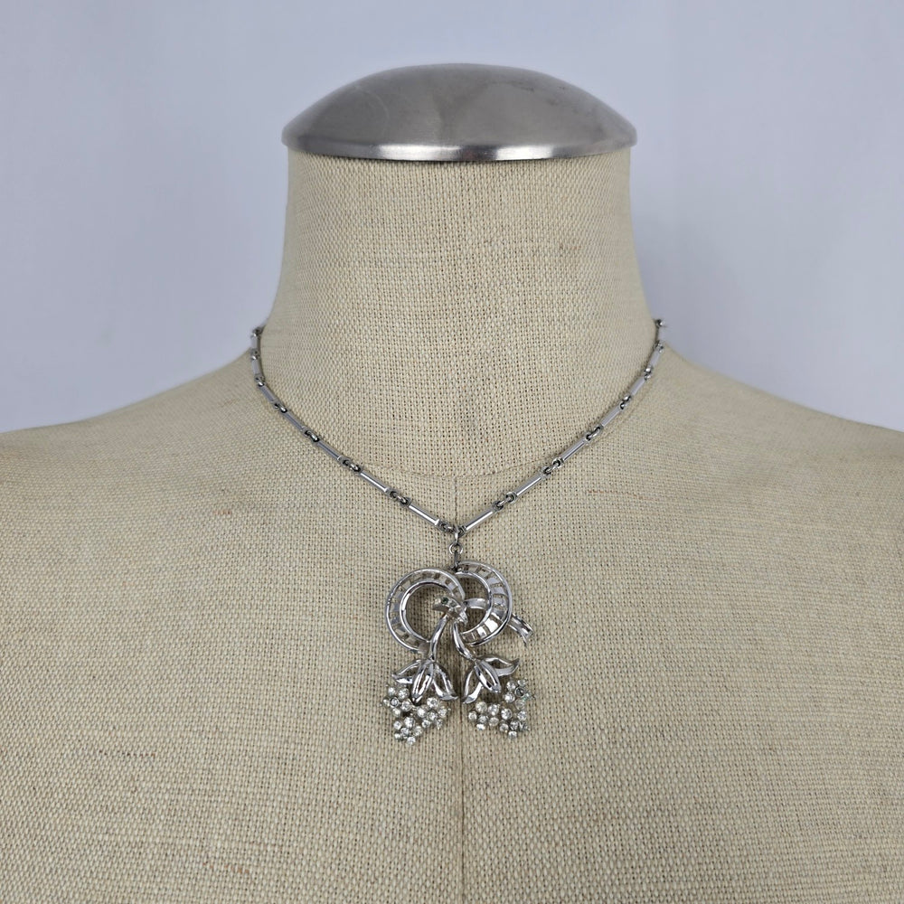 Vintage Silver Tone Rhinestone Floral Scroll Pendant Necklace
