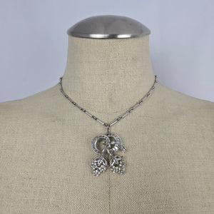Vintage Silver Tone Rhinestone Floral Scroll Pendant Necklace