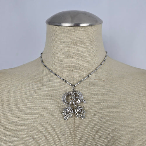 Vintage Silver Tone Rhinestone Floral Scroll Pendant Necklace