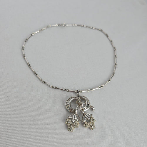 Vintage Silver Tone Rhinestone Floral Scroll Pendant Necklace