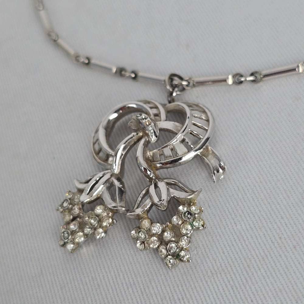 Vintage Silver Tone Rhinestone Floral Scroll Pendant Necklace