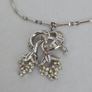 Vintage Silver Tone Rhinestone Floral Scroll Pendant Necklace