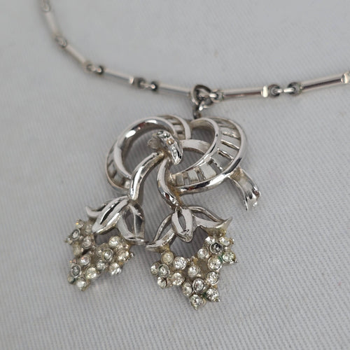 Vintage Silver Tone Rhinestone Floral Scroll Pendant Necklace