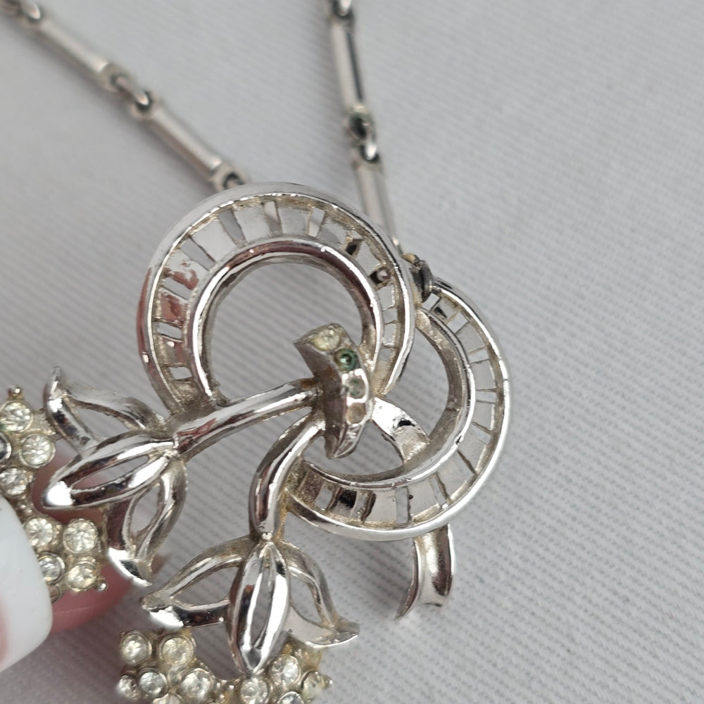 Vintage Silver Tone Rhinestone Floral Scroll Pendant Necklace