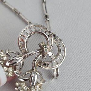 Vintage Silver Tone Rhinestone Floral Scroll Pendant Necklace