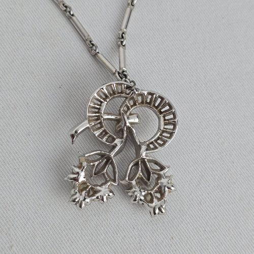 Vintage Silver Tone Rhinestone Floral Scroll Pendant Necklace