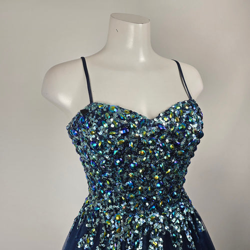 Alyce Paris Navy Blue Iridescent Sequin Tulle Prom Ball Gown Dress - Size 4