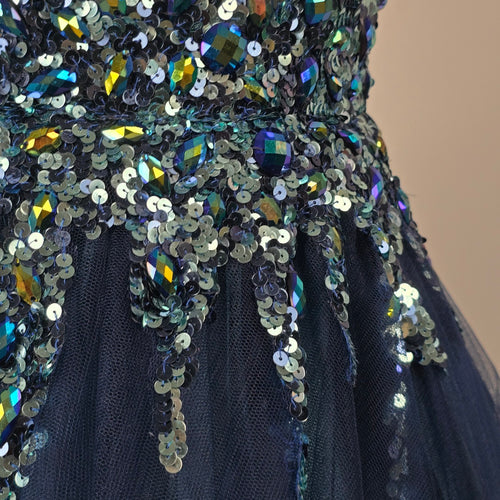 Alyce Paris Navy Blue Iridescent Sequin Tulle Prom Ball Gown Dress - Size 4