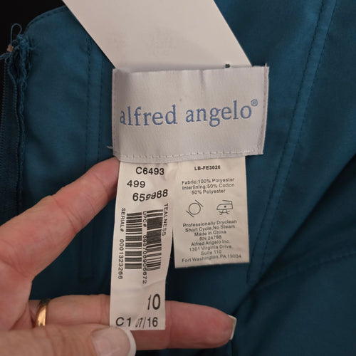 Alfred Angelo Teal Blue Strapless Satin Floor Length Formal Gown Dress - Size 10