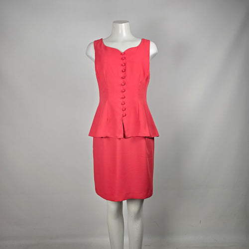 Vintage Nu Mode Petites Coral Pink Peplum Sheath Dress Button Front - Size 11/12