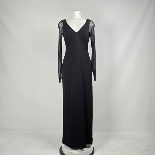Vintage 90s Selina Black Sheer Mesh Long Sleeve Maxi Evening Gown Dress - Size 12