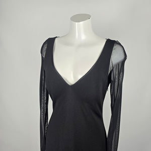 Vintage 90s Selina Black Sheer Mesh Long Sleeve Maxi Evening Gown Dress - Size 12