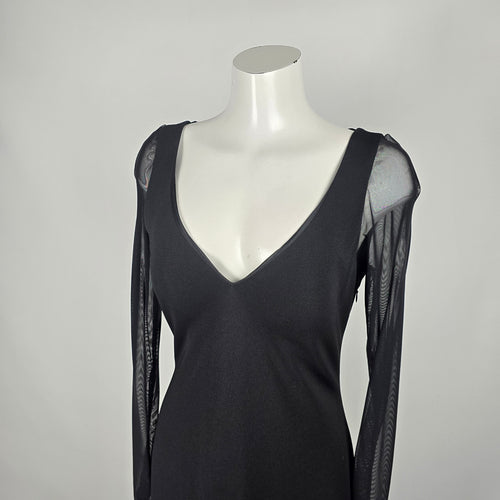 Vintage 90s Selina Black Sheer Mesh Long Sleeve Maxi Evening Gown Dress - Size 12