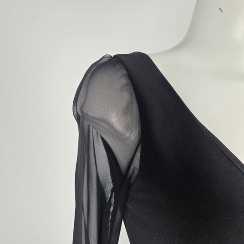 Vintage 90s Selina Black Sheer Mesh Long Sleeve Maxi Evening Gown Dress - Size 12