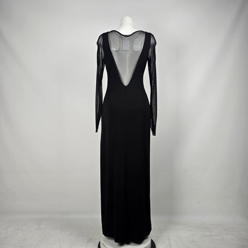 Vintage 90s Selina Black Sheer Mesh Long Sleeve Maxi Evening Gown Dress - Size 12