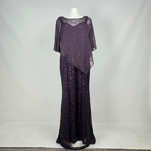 Laura Plus Purple Sequin Lace Formal Evening Gown with Sheer Cape Size 18