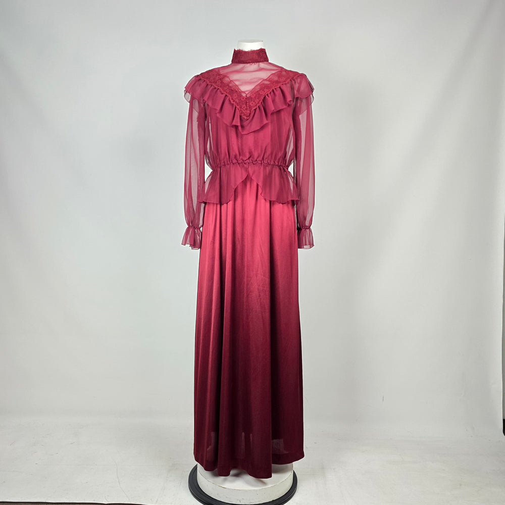 Vintage Burgundy Maxi Dress with Sheer Lace Ruffle Overlay 2-Piece Set - Size S/M