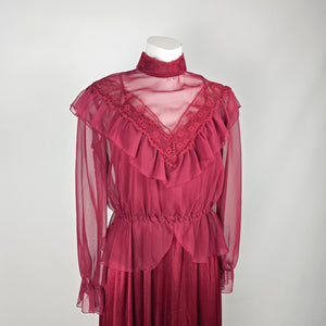 Vintage Burgundy Maxi Dress with Sheer Lace Ruffle Overlay 2-Piece Set - Size S/M