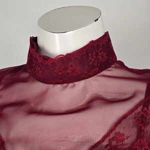Vintage Burgundy Maxi Dress with Sheer Lace Ruffle Overlay 2-Piece Set - Size S/M
