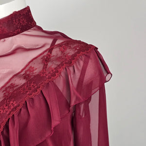 Vintage Burgundy Maxi Dress with Sheer Lace Ruffle Overlay 2-Piece Set - Size S/M