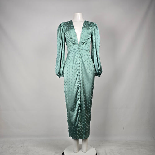 Runaway Sage Green Polka Dot Satin Long Sleeve Maxi Dress Size 4