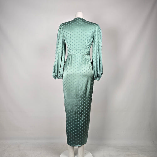Runaway Sage Green Polka Dot Satin Long Sleeve Maxi Dress Size 4