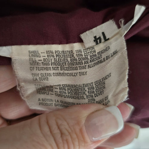 Vintage Burgundy Hooded Long Down Puffer Coat Size 14