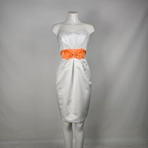 Alfred Angelo White Satin Strapless Cocktail Dress Orange Bow Sash Size 4
