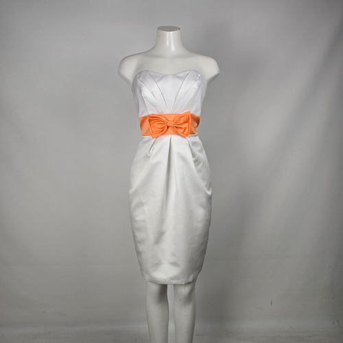 Alfred Angelo White Satin Strapless Cocktail Dress Orange Bow Sash Size 4