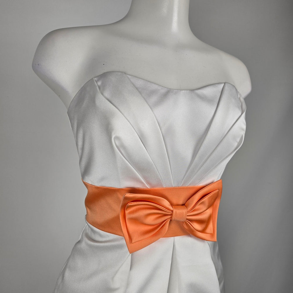 Alfred Angelo White Satin Strapless Cocktail Dress Orange Bow Sash Size 4