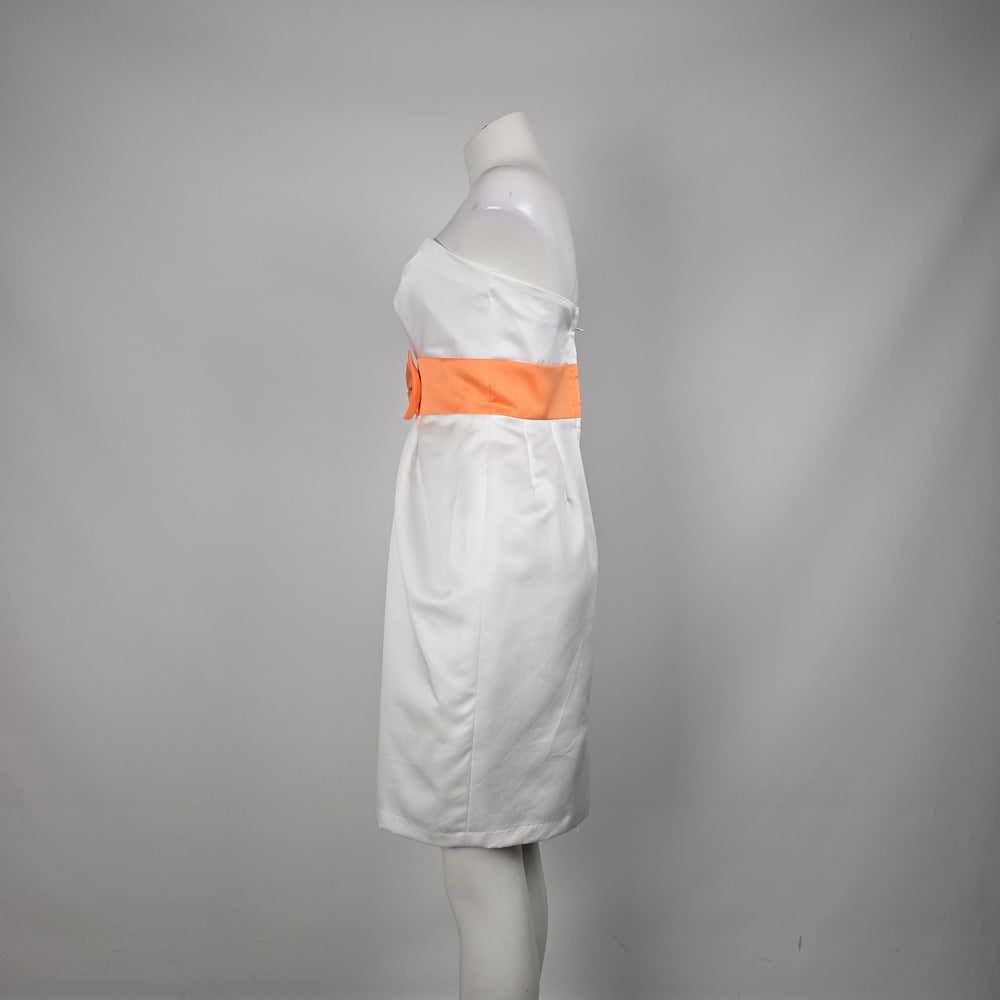 Alfred Angelo White Satin Strapless Cocktail Dress Orange Bow Sash Size 4