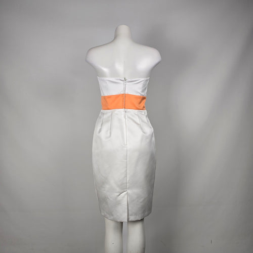 Alfred Angelo White Satin Strapless Cocktail Dress Orange Bow Sash Size 4