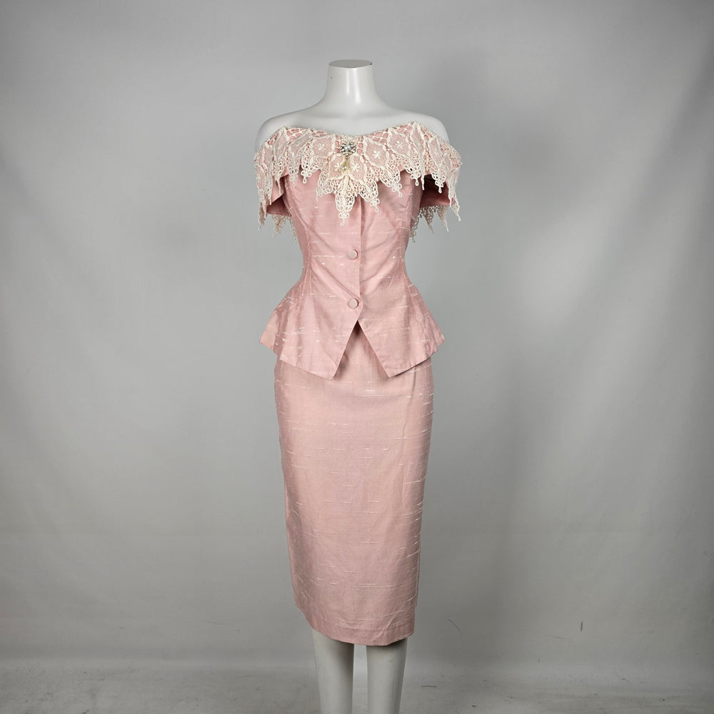 Vintage 50s 60s Pink Silk Shantung Peplum Skirt Suit Lace Collar - Size S