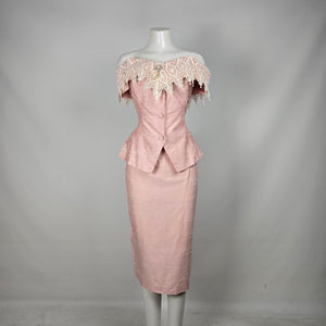 Vintage 50s 60s Pink Silk Shantung Peplum Skirt Suit Lace Collar - Size S