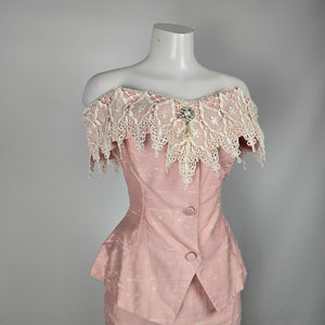 Vintage 50s 60s Pink Silk Shantung Peplum Skirt Suit Lace Collar - Size S